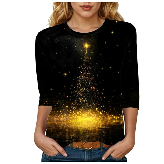 larppty Christmas Shirts for Women Funny Xmas Tree Printed Tshirts 3/4 Length Sleeve Loose Fit Blouses Holiday Party Tops (Yellow, S)