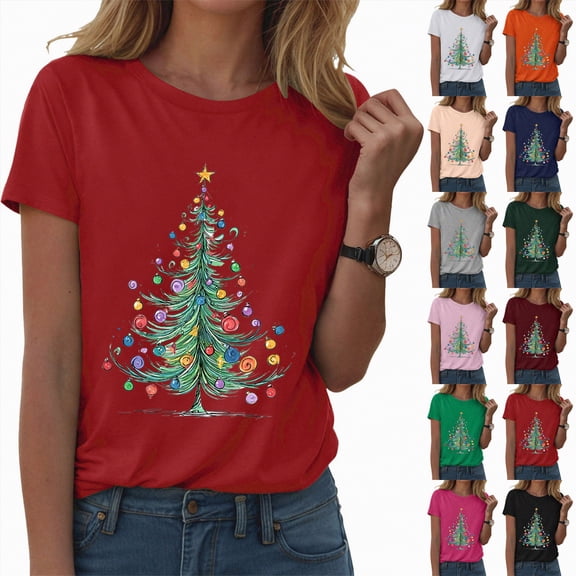 larppty Christmas Shirts for Women Xmas Tree Graphic T Shirts Winter Merry Holiday Vacation Tops Tee (Green, M)