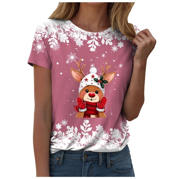 larppty Christmas Snowflake Shirts for Women Merry Christmas Reindeer Printed T-Shirt Cute Xmas Holiday Tee Tops (Pink, L)