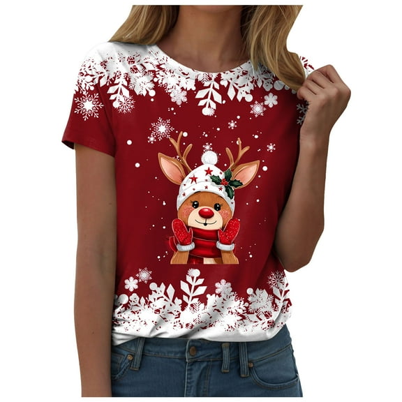 larppty Christmas Snowflake Shirts for Women Merry Christmas Reindeer Printed T-Shirt Cute Xmas Holiday Tee Tops (Red, L)