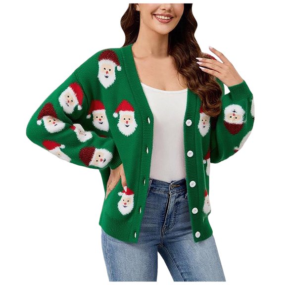 larppty Christmas Sweater Cardigan for Women Y2K Button Dwon Santa Graphic Cardigan Ugly Xmas Open Front Sweater (Green, XL)
