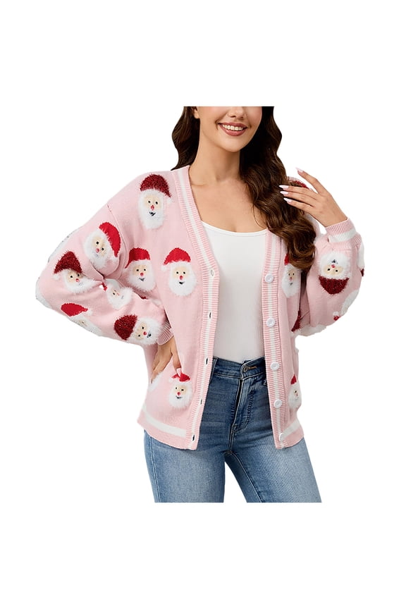 Christmas Sweater Cardigan for Women Y2K Button Dwon Santa Graphic Cardigan Ugly Xmas Open Front Sweater (Pink, L)
