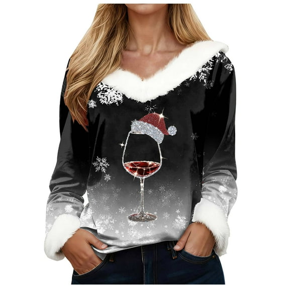 larppty Christmas Sweater for Women - Faux Fur Trim V-Neck Pullover with Festive Holiday Graphics (Black, S)
