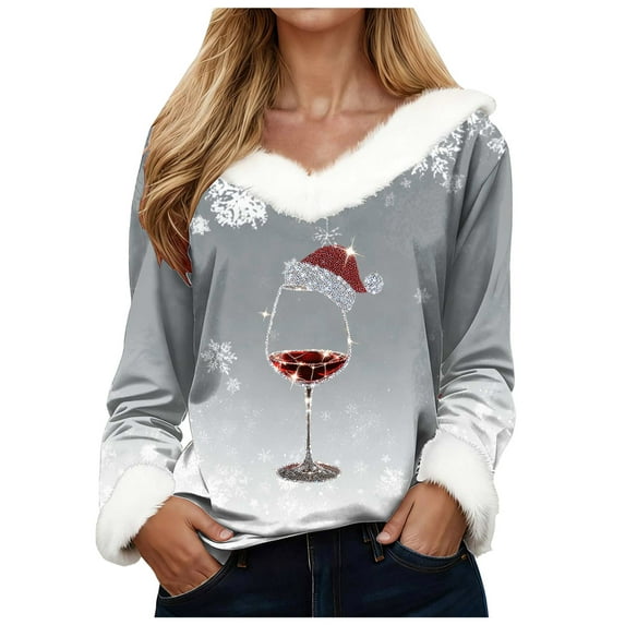 larppty Christmas Sweater for Women - Faux Fur Trim V-Neck Pullover with Festive Holiday Graphics (Grey, S)