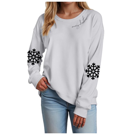 larppty Christmas Sweatshirt Women Christmas Xmas Snowflake Print Sweater Long Sleeve Shirts Holiday Pullover Tops （Light Gray, XL）