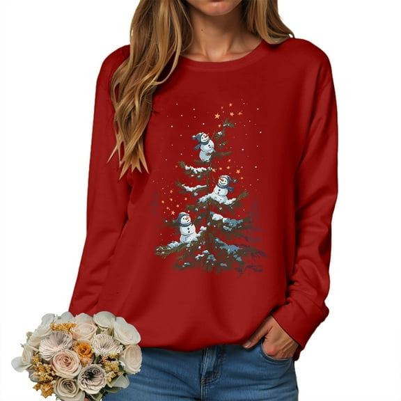 larppty Christmas Sweatshirt Women Cute Xmas Tree Snowman Print Graphic Pullover Sweater Winter Tops Party Casual Crewneck Clothes (Red, XL)