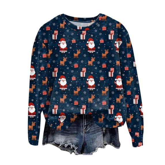 larppty Christmas Sweatshirts for Women 2025 Long Sleeve Pullover Tops Funny Graphic Ugly Christmas Sweater Xmas Shirts for Party (Dark Blue, M)