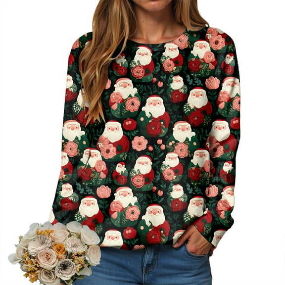larppty Christmas Sweatshirts for Women 2025 Xmas Tops Long Sleeve Holiday Party Cute Printed Ladies Crewneck Pullover (Dark Gray, XXL)