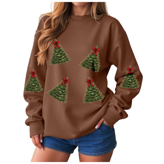 larppty Christmas Sweatshirts for Women: Christmas Sweaters Christmas Tree Sweatshirts Xmas Long Sleeve Holiday Crewneck Pullover Tops (Brown, 3XL)