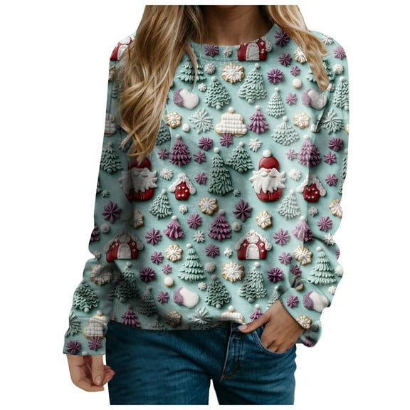 larppty Christmas Sweatshirts for Women Crewneck Christmas Graphic Xmas Holiday Party Pullover Tops (Light Blue, XL)
