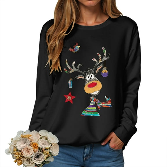 larppty Christmas Sweatshirts for Women Elk Reindeer Printed Long Sleeve Crewneck Sweater Winter Fashion Clothes （Black, M）