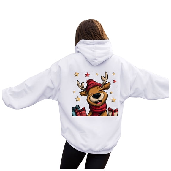 larppty Christmas Sweatshirts for Women Reindeer Graphic Oversized Fleece Hoodies Xmas Holiday Sweater with Pocket (White, L)