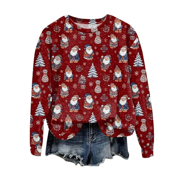 larppty Christmas Sweatshirts for Women Ugly Christmas Sweatshirts Santa Printed Long Sleeve Oversized Crew Neck Holiday Pullover Tops (Wine, XL)