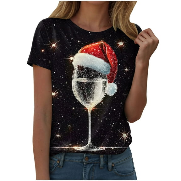 larppty Christmas T Shirt for Women Christmas Short Sleeve Xmas Graphic Print T Shirt Vacation Outfits (Silver, XL)