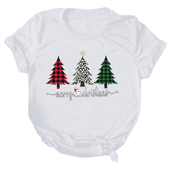 larppty Christmas Tree Shirt for Women Merry Christmas Printed T-Shirts Short Sleeve Holiday Tee Xmas Gift Tops (White, XL)