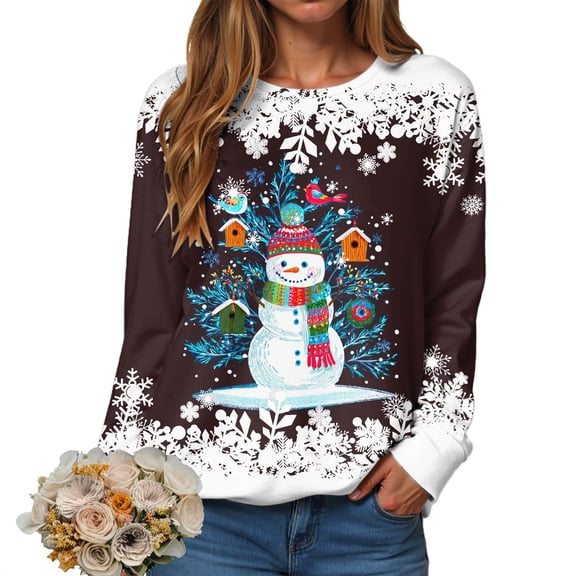 larppty Christmas Winter Sweatshirt for Women Crewneck Long Sleeve Shirt Xmas Holiday Party Pullover Sweater Tops Fashion 2025 (Brown, S)