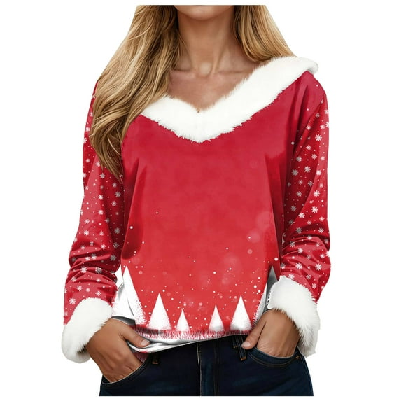 larppty Cozy Faux Fur Trim Sweatshirt | Women's Loose-Fit Holiday Graphic Pullover Party Outfits (Watermelon Red, L)