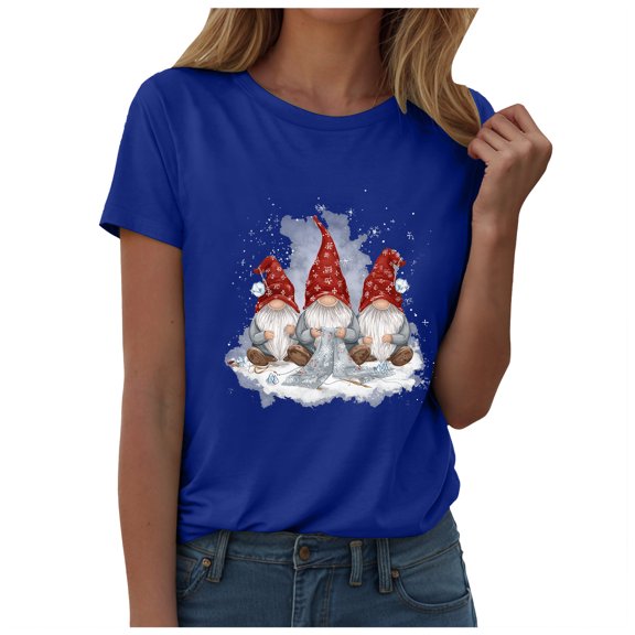 larppty Crew Neck T Shirts for Women Christmas Holiday Tops Short Sleeve Shirts Casual Tunic Tops (Blue, XL)