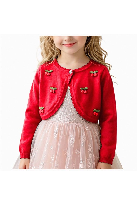 Cute Knit Cardigan Sweater for Kids Button Closure Jacket Tops Ruffled Hem Long Sleeve Cropped Coat Sweater Fall (Red,5-6 Years)