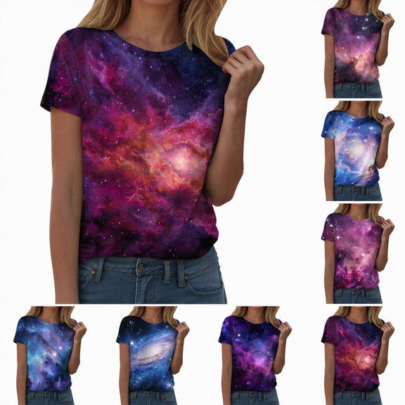 larppty Cute Summer Tops for Women Galaxy Space Print Petite Shirts Casual Short Sleeve Crewneck Graphic Tees Blouses (Purple, L)