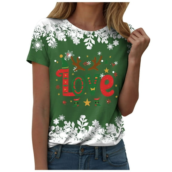 larppty Fall Crew Neck T-Shirts Women Christmas Graphic Shirts Cute Xmas Tees Funny Holiday Family Short Sleeves Tops (Green, XXL)