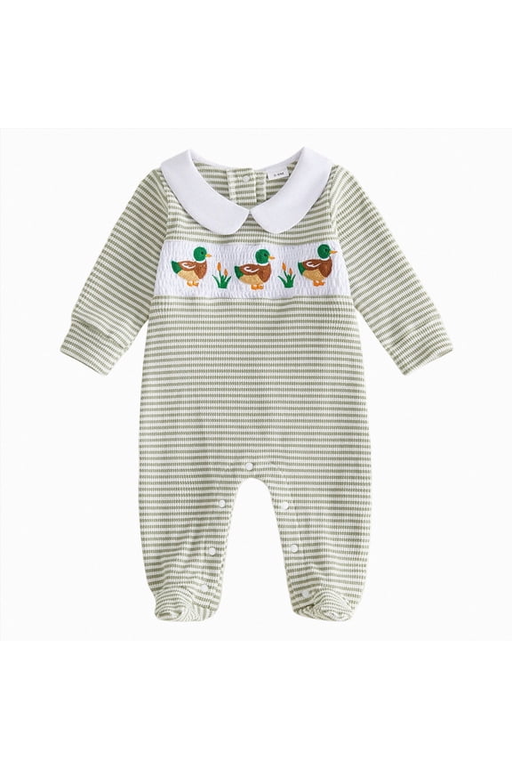Fall Newborn Baby Boy Footie Romper Collared Football/DuckJumpsuit Footed One Piece Clothes Waffle Knit Outfit(Green)