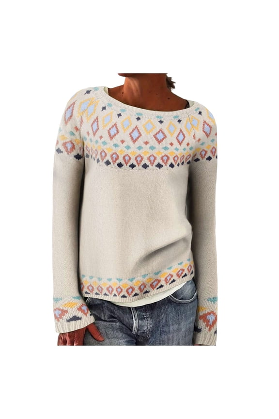 Fashion Sweater Women Vintage Long Sleeve Casual Crewneck Sweater Fair Isle Knit Pullover Top (White, M)
