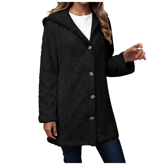 larppty Fleece Jacket for Women Winter Warm Button Down Hooded Coat Casual Soft Lightweight Fall Teddy Outerwear Fuzzy Coats (Black, 4XL)