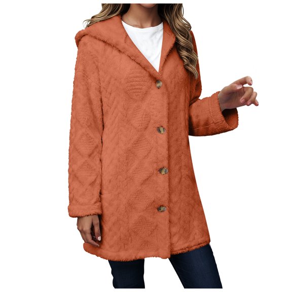 larppty Fleece Jacket for Women Winter Warm Button Down Hooded Coat Casual Soft Lightweight Fall Teddy Outerwear Fuzzy Coats (Orange, L)
