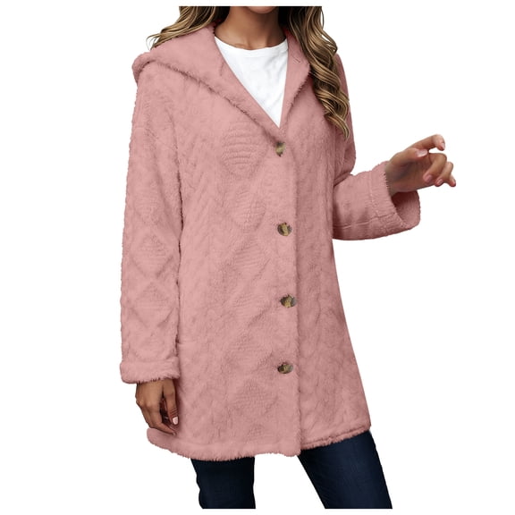 larppty Fleece Jacket for Women Winter Warm Button Down Hooded Coat Casual Soft Lightweight Fall Teddy Outerwear Fuzzy Coats (Pink, S)