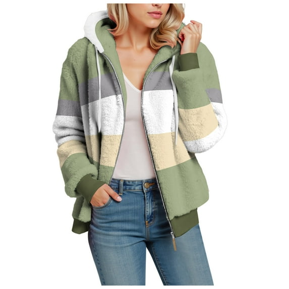 larppty Fleece Jackets for Women Fashion Color Block Cardigan Coats Warm Outerwear Fall Fashion Warm Clothes (Green, 5XL)