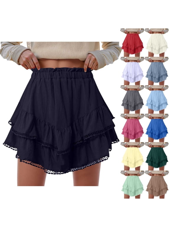 Flowy Shorts For Women Casual Boho Ruffle Tiered Skorts High Waist Mini Skirts Tennis Crochet Shorts(Purple, XXL)