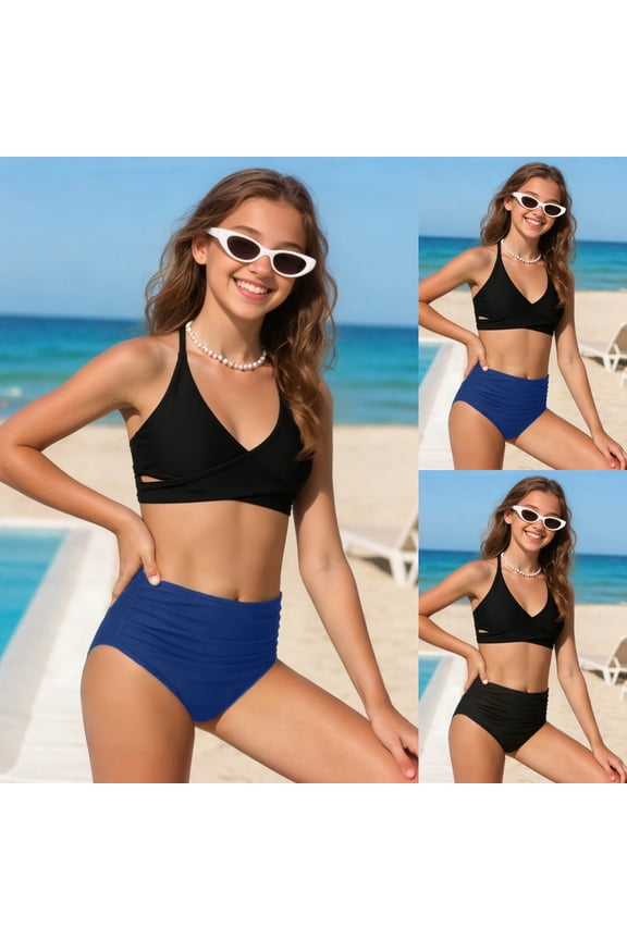 Girl's Bikini Set V Neck Spaghetti Strap Lace Up Bathing Suit Two Piece Swimsuit Comfortable Bikini Sets(Black, 3-4 Years)