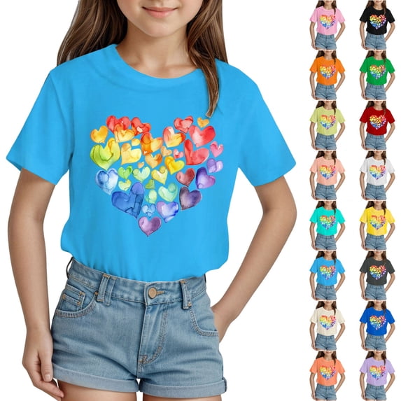 larppty Girl's Graphic T-Shirt, Love Heart Printed Short Sleeve Cotton Tees, Casual Summer Top Valentines Day Gift (Z01-White, 3-4 Years)