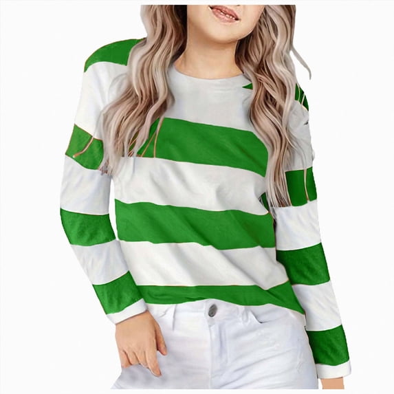 larppty Girl's Long Sleeve T-Shirts Striped, Girls Classic Blend Crewneck Tee Kids Stripes Shirt Soft Everyday Basic Top(Green,12-13 Years)