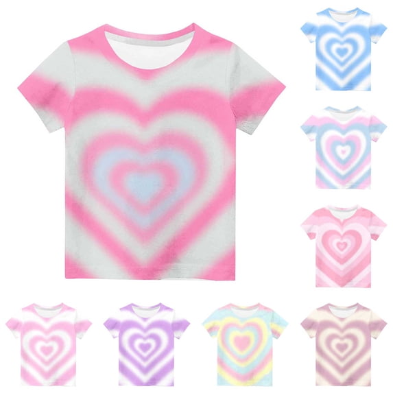 larppty Girl's Tie Dye T-Shirt Cute Heart Graphic Crewneck Tee Shirts Casual Summer Short Sleeve Tops Preppy Clothes 1-13 Years (Z02-Blue, 6-7 Years)