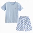 thumbnail image 1 of larppty Girls 2PC Cute Printed Short Sleeve Set, Casual Soft Lightweight Breathable Summer T-Shirt and Shorts Set (Z03-Blue, 5-6 Years), 1 of 6