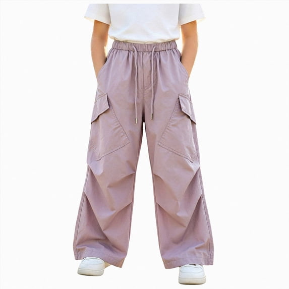 larppty Girls Cargo Parachute Pants Elastic Waist Wide Leg Streetwear Hip Hop Dance Trousers with Pockets