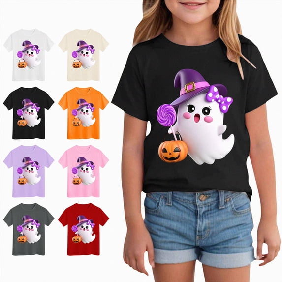 larppty Girls Halloween Shirt: Cute Ghost Shirt Boy Halloween Shirt Kids Magic Boo Tie Dye Fall Short Sleeve Tee Tops (Black,5-6 Years)