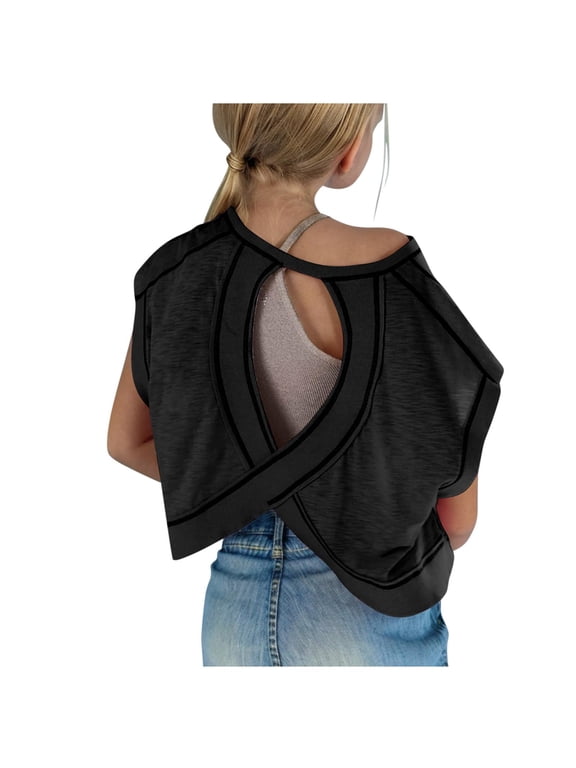 Girls Heart Cut Out Back Crop T-Shirts, Soft Cotton Blend Short Sleeve Open Back Cropped Tops for Kids, Cute Summer Casual Tees(Black, 9-10 Years)