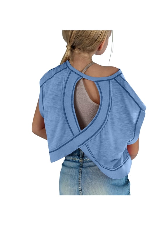 Girls Heart Cut Out Back Crop T-Shirts, Soft Cotton Blend Short Sleeve Open Back Cropped Tops for Kids, Cute Summer Casual Tees(Blue, 11-12 Years)