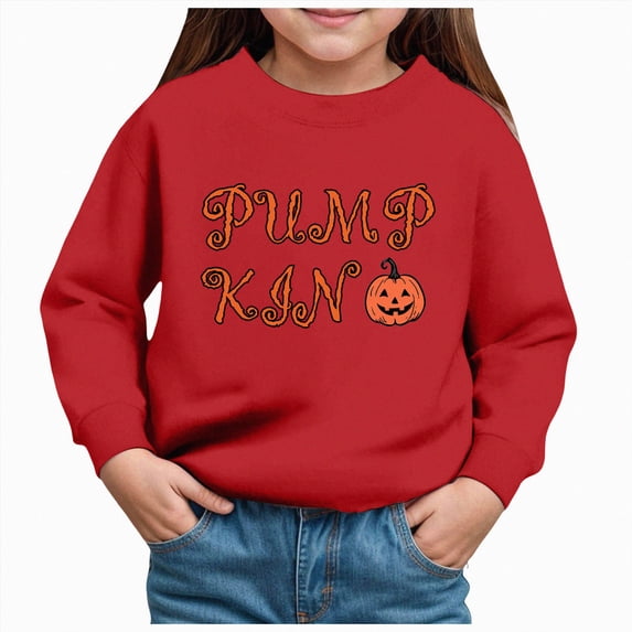 larppty Girls Hoodies Halloween Warm Cartoon Pumpkin Graphic Printed Long Sleeve Round Neck Pullover Tops Girl Trendy Casual Daily Party Photoshoot Sweatshirts (Red,3Y)