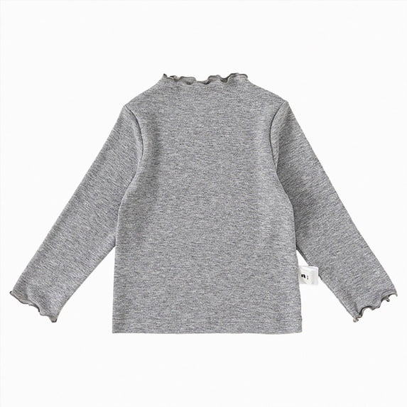 larppty Girls Lettuce Edge Trim Mock Neck Long Sleeve Slim Fit T-Shirt Tops Lightweight Knit Tee(Grey,3-4 Years)