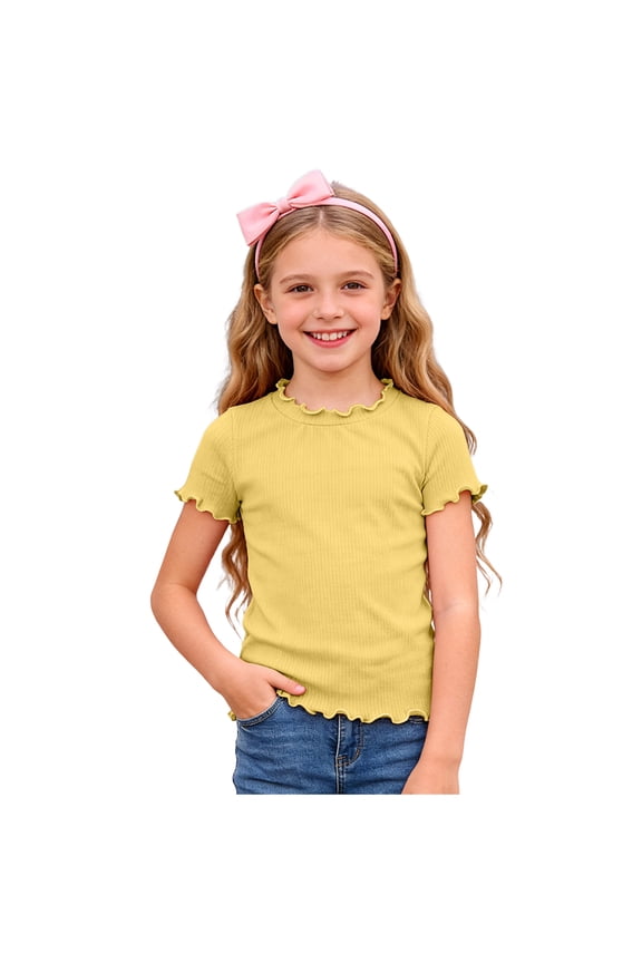 Girls Lettuce Trim Basic Solid Tee Shirts Ribbed Knit Casual Blouse Tops for 1-10T (Yellow, 5-6 Years)