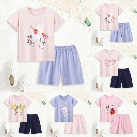 larppty Girls Pajamas Set 2-Piece Short Sleeve Summer Toddler PJs Sleepwear Sizes 3-12 Years(Pink, 7-8 Years)
