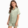 thumbnail image 1 of larppty Girls Pajamas Silk PJS Set Pink Bow Satin Sleepwear Short Sleeve Jammies for Kids Button-Down Nightwear(Light Green,5-6 Years), 1 of 4