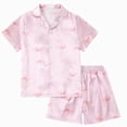 thumbnail image 1 of larppty Girls Pajamas Silk PJS Set Pink Bow Satin Sleepwear Short Sleeve Jammies for Kids Button-Down Nightwear(Watermelon Red,11-12 Years), 1 of 4