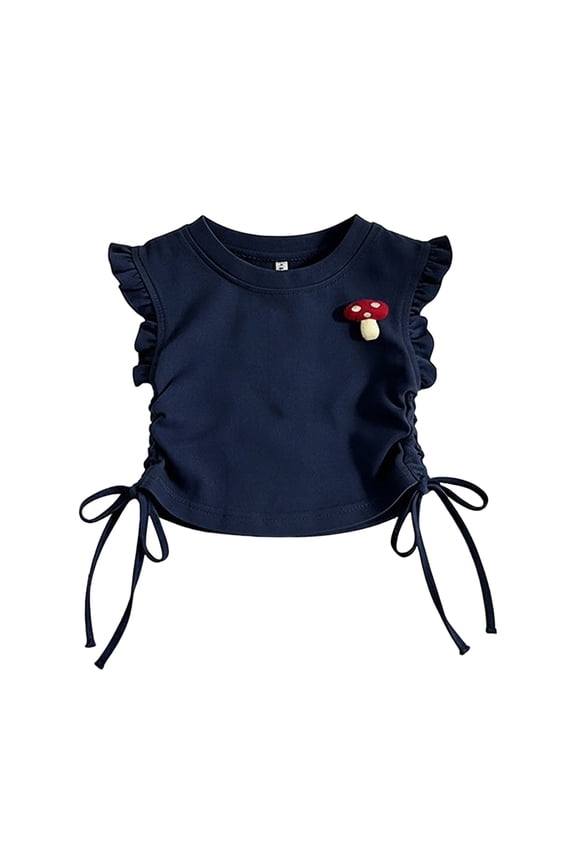 Girls Ruffle Sleeve T-Shirt with Mushroom Embroidery, Cute Side Tie Knot Crop Top for Kids, Soft Cotton Blend Summer Blouse for School & Party（Navy, 7-8 Years）