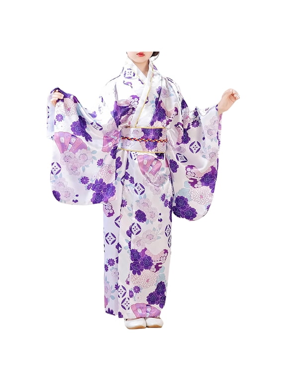 Girls Sakura Silk Satin Kimono Dress Gown Cherry Blossom Long Kimono Robe Yukata Japanese Outfit(Purple, 9-10 Years)