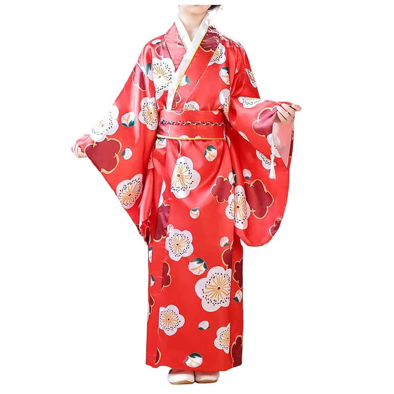 Larppty Girls Sakura Silk Satin Kimono Dress Gown Cherry Blossom Long Kimono Robe Yukata Japanese OutfitRed 1-2 Years, Women's